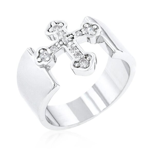 Divine Christian Open Band Cz Clear Cubic Zirconia Cross Silver Brass Ring 7 - Picture 1 of 8